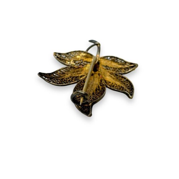 Vintage Filigree Leaf Brooch Pin Gold Vermeil Sterling Silver 2.21g - Picture 5 of 8